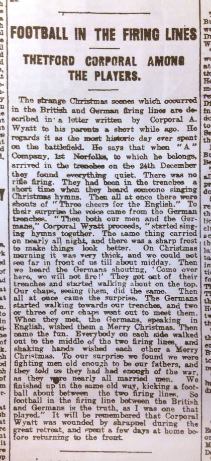 Un artículo de prensa de 1914 en el que se reporta que hubo fútbol durante el cese de hostilidades espontáneo de la navidad