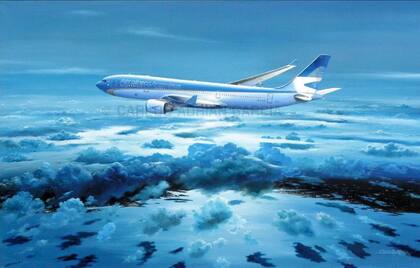 Un avión Airbus A330 de Aerolíneas Argentinas dibujado por García