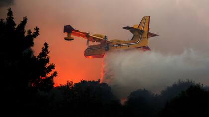 Un avión bombero lanza su carga para mitigar las llamas en Israel
