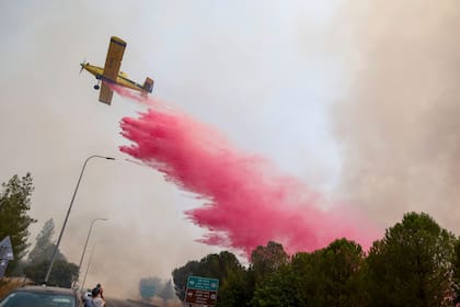 Un avión de bomberos israelí arroja retardante de llama sobre el humo de los incendios después de que cohetes lanzados desde el sur del Líbano impactaran áreas en el norte de Israel el 4 de julio de 2024.