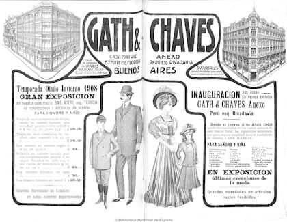 Un aviso de 1908. Arriba, a la izquierda, la casa matriz de 1901. A la derecha, el anexo de Rivadavia y Florida, recién inaugurado, y dedicado a la ropa de mujeres y niñas.