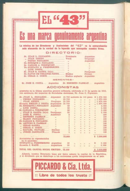 Un aviso de 1916, en el que Piccardo seguía asegurando que la empresa estaba "libre de todos los trusts".