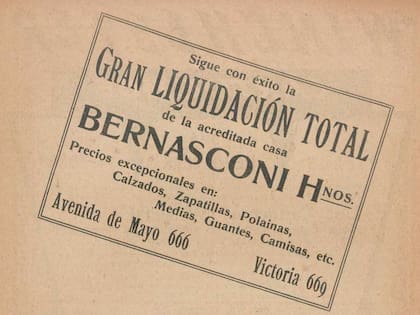 Un aviso de la casa Bernasconi Hnos que llegó a ser muy conocida en su sucursal de Av. de Mayo 666