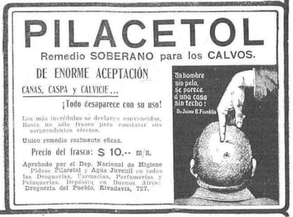 Un aviso de un producto contra la calvicie, las canas y la caspa al mismo tiempo, en la revista Caras y Caretas