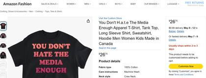 Un aviso en Amazon de la camiseta con la frase contra los medios que copió Milei
