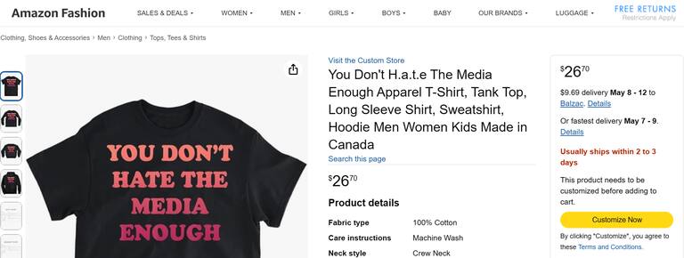 Un aviso en Amazon de la camiseta con la frase contra los medios que copió Milei