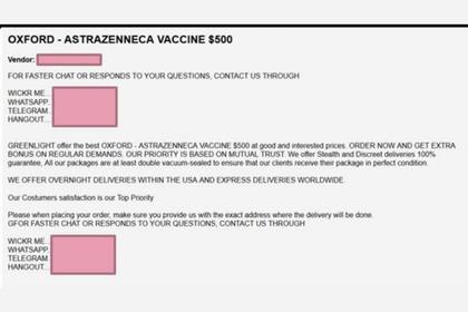 Un aviso en uno de los sitios de comercio que dice vender vacunas de Oxford-AstraZeneca a US$500