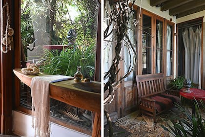 Un banco que llegó desde la casa donde nació Julio, junto con otro igual ubicado en el comedor, invita a disfrutar el entorno verde y la vista de la plaza.