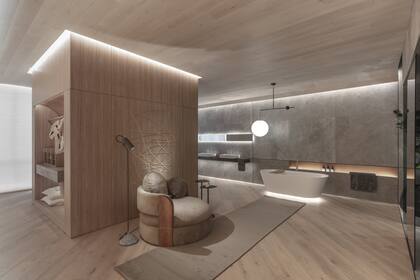 Un baño con detalles luminosos y hasta un sector para relajar antes de pasar a un reconfortante baño de inmersión