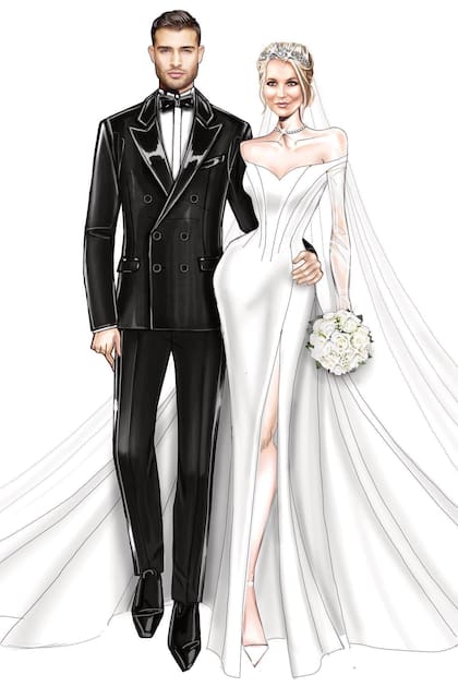 Un boceto con el traje de la novia y el smoking de Sam Asghari, todo de Versace.