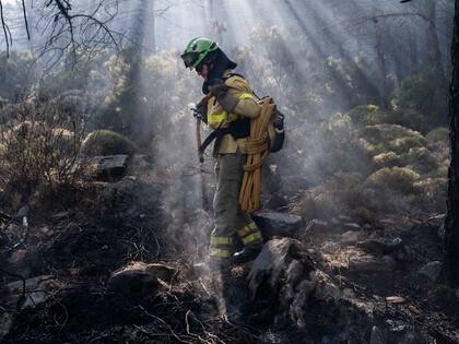 Un bombero forestal trabaja extinguiendo puntos calientes en un incendio forestal cerca de la ciudad de Jubrique, en la provincia de Málaga, España, el sábado 11 de septiembre de 2021