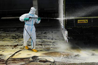 Un bombero rocía un desinfectante en un camión proveniente de Eslovaquia para contener un brote de fiebre aftosa en el cruce fronterizo en Lanzhot, República Checa, el viernes 11 de abril de 2025. (AP Foto/Petr David Josek)