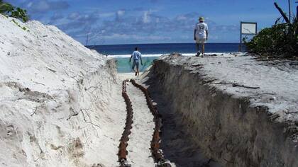 Un cable en la isla de Wake, territorio estadounidense en el Pacífico, conectado a hidrófonos submarinos