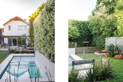 Un cantero bordeado por un banco fijo de durmientes suma lugares para sentarse. La sombra del ciruelo de jardín refresca la zona de la parrilla en verano