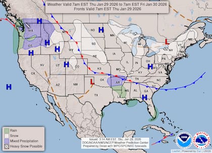 Un centro de baja presión se organiza este jueves sobre las Planicies del sur y el valle bajo del Mississippi