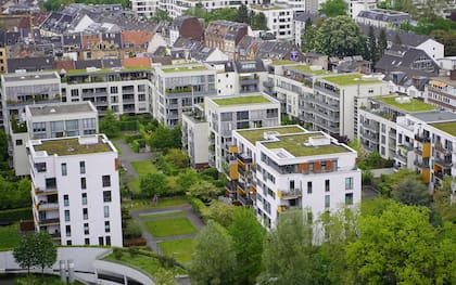 Un complejo de edificios en Alemania con techos verdes, suculentas y otras plantas .