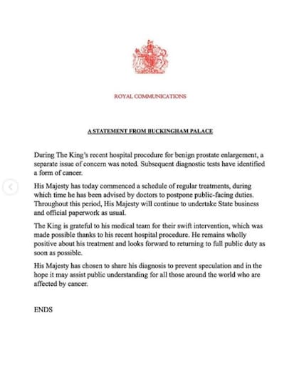 Un comunicado de la oficina del palacio de Buckingham revela que el rey Carlos III padece cáncer