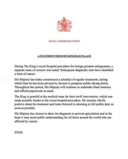 Un comunicado de la oficina del palacio de Buckingham revela que el rey Carlos III padece cáncer