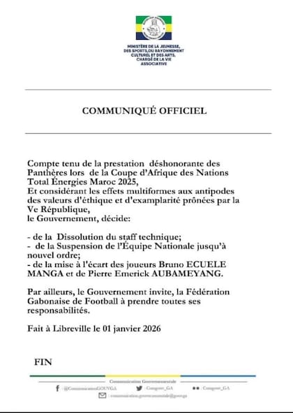 Un comunicado del gobierno de Gabón informa sobre la disolución del cuerpo técnico, la suspensión del seleccionado hasta nuevo aviso y la expulsión a Aubameyang y Bruno Ecuele Manga.