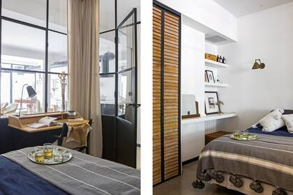 Un cortinado de lino (Anne y Flor, Deco en Telas) bloquea la luz y la vista del cuarto de huéspedes. Manta artesanal de Marruecos, aplique cobreado (Urban Archaeology, USA), escritorio ‘Épitre’ con lámpara ‘Pactus’ y silla, todos de AM.PM (La Redoute, Francia).