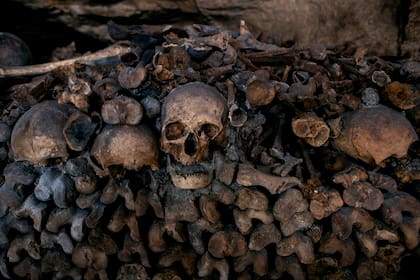 Un detalle de una pared construida con huesos en las Catacumbas de París. (Dmitry Kostyukov/The New York Times)