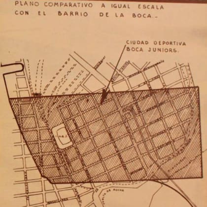 Un diagrama del área que abarca la Ciudad Deportiva en comparación con el estadio y el barrio de La Boca