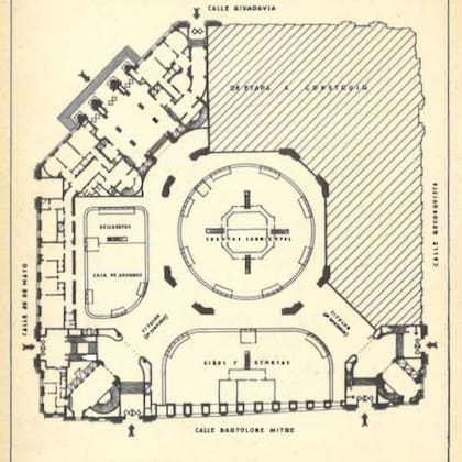 Un diagrama del Banco Nación del año 1944, cuando la bóveda central ya se había construído, pero faltaba aún todo el sector de la calle Reconquista y la esquina de Rivadavia