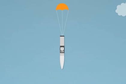 Un dibujo de cómo sería el descenso del cohete con el huevo dentro