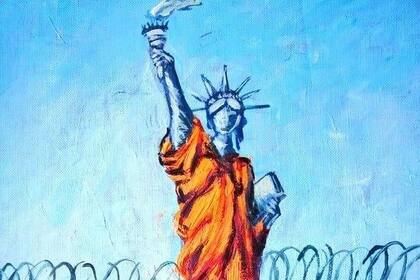 Un dibujo de la Estatua de la Libertad como prisionera de Guantánamo, obra de Sabri Al-Qurashi, un excompañero de prisión de Mansoor Adayfi