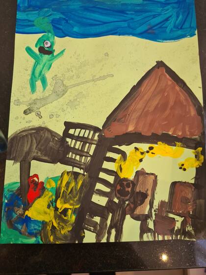 Un dibujo de una chica que retrata el momento exacto del ataque en un Kibutz