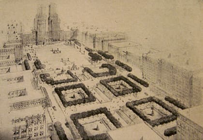 Un dibujo del MOP y su edificio gemelo, en el extremo sur de la avenida 9 de julio. Fuente: CeDIAP