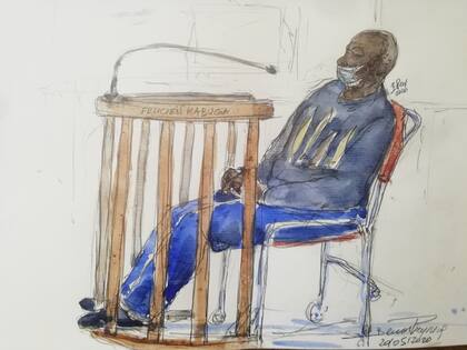 Un dibujo muestra a muestra a Felicien Kabuga, uno de los últimos sospechosos clave en el genocidio de Ruanda en 1994, tal como apareció públicamente por primera vez en el Tribunal de Apelaciones de París