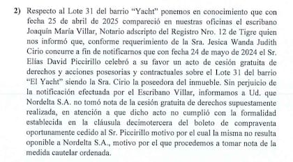 Un documento enviado por el área de Legales de Nordelta al juez de la causa.