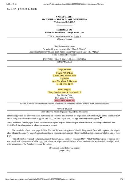 Un documento presentado por el Grupo Petersen, de los Eskenazi, ante autoridades de Estados Unidos, en el que figura como abogado Andrés de la Cruz, actual número dos de la Procuración del Tesoro