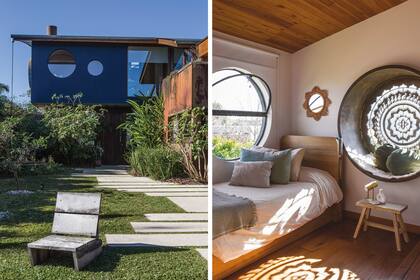 Un dormitorio con pocos elementos, gran efecto y confort. Cama de incienso (Victoria D’Ornellas). Afuera, en el ángulo que corresponde a este espacio, uno de los colectores de cerámica que Casa Limbo diseñó para reutilizar el agua de lluvia.