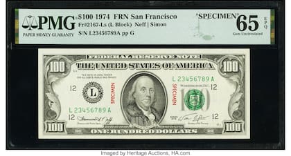 Un ejemplar similar con la palabra "specimen" impresa logró alcanzar valores altos en el mercado de subastas