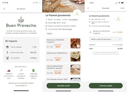 Un ejemplo de la interfaz de la app Buen provecho para comprar con descuento comida que los locales ya no pueden vender