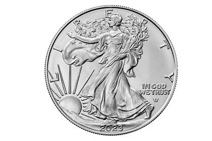 Un ejemplo de la moneda American Silver Eagle, en la edición de 2023