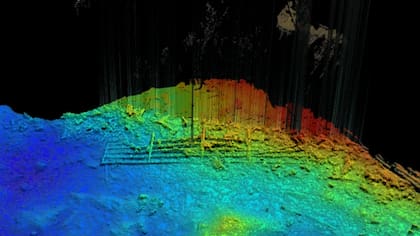 Un escaneo con láser muestra que la baranda yace en el lecho marino cerca del barco. (Foto: RMS Titanic Inc)