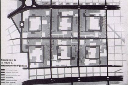 Un esquema de la circulacin del Barrio Sur con avenidas rpidas alrededor de cada una de las seis sper manzanas y vas ms lentas en el interior de cada una de ellas y grandes islas de estacionamiento