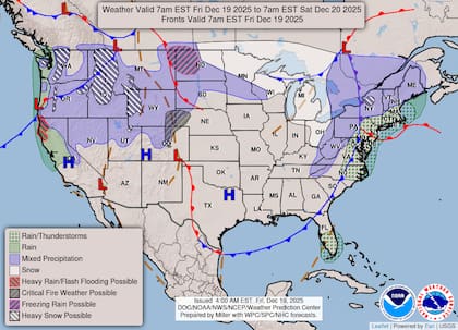 Un extenso sistema de frentes fríos y bajas presiones recorrerá Estados Unidos de costa a costa este viernes