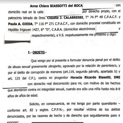 Un extracto de la denuncia de Anna del Boca a la que pudo tener acceso LA NACION