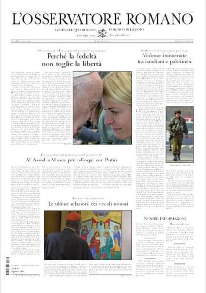 Un extracto de la nota de L'Osservatore Romano sobre el discurso del papa referido a la fidelidad conyugal: "La fidelidad a las promesas es -tomando la bella imagen sugerida por Francisco- 'una verdadera obra de arte de humanidad', un auténtico 'milagro' (...)"