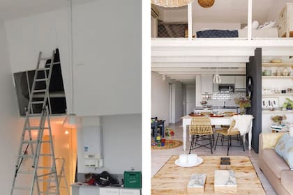 Un falso techo de placa de yeso ocultaba el espacio del actual entrepiso y sólo el área central del monoambiente aprovechaba la doble altura.