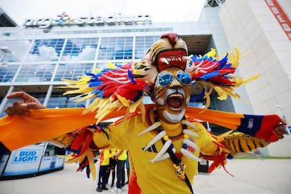 Un fanático de Colombia vestido con un disfraz de tigre posa afuera del estadio antes del partido del Grupo D de la Conmebol Copa América 2024 entre Colombia y Paraguay en el Estadio NRG el 24 de junio de 2024 en Houston, Texas