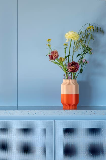 Un florero con arreglo de Irina Khatsernova se adueña de la recepción. En la cocina, se diseñaron muebles con una rejilla que ocultaran los electrodomésticos de la cocina sin encerrarlos.