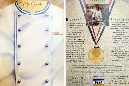 Un folleto de su restaurante Gato Dumas Cocinero, en Junín 1745. Allí figuraba que había sido premidado en Perú en 1992 y que fue jurado del Bocuse dOr 1993 en Lyon, Francia.