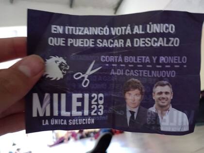 Un folleto que pide el voto de Javier Milei para la categoría presidencial, pero milita el voto de Di Castelnuovo, de Juntos por el Cambio, en la intendencia de Ituzaingó