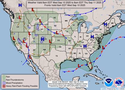Un frente estacionario sobre el sur y centro de Florida dará lugar a tormentas persistentes y un riesgo leve de precipitaciones excesivas en el sureste.
