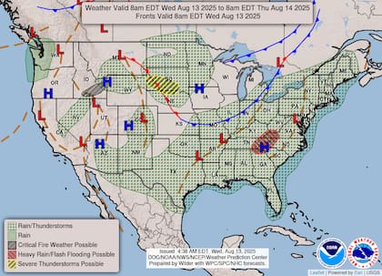 Un frente frío avanzará desde el Medio Oeste hacia la costa este, lo que generará tormentas dispersas con riesgo de lluvias intensas en los Apalaches del sur, donde se esperan acumulados significativos en corto tiempo debido a la humedad tropical del Golfo